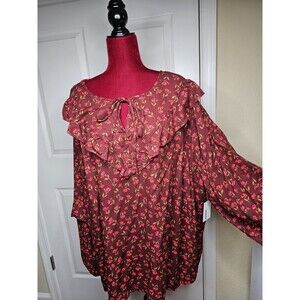 NWT Womens Sonoma Burgundy Floral Long Sleeve Peasant Ruffle Top Shirt